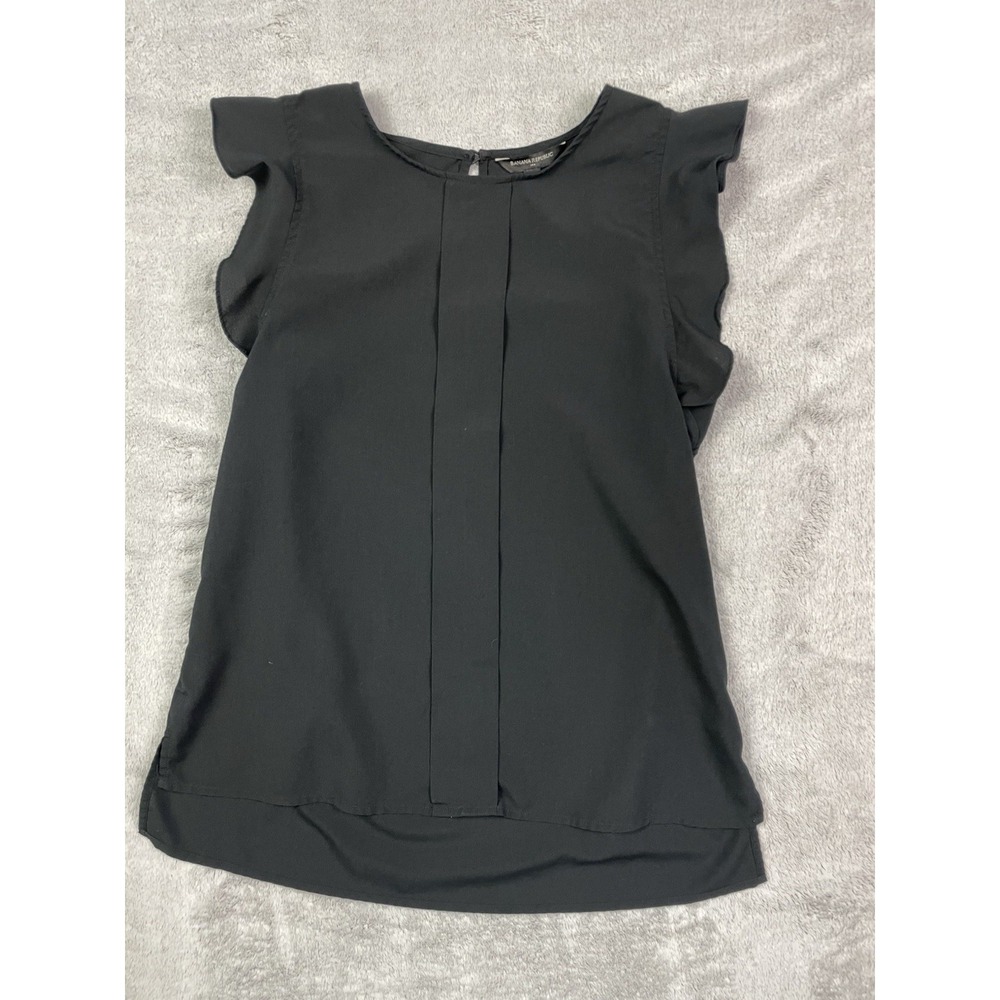Banana Republic Women's S Black Chiffon Ruffle Sleeve Blouse Pleated Keyhole Top